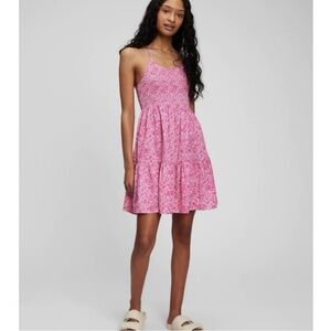 GAP |  Smocked Tiered Floral Mini Dress, Pink & White, Size M - EUC